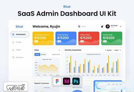 طرح لایه باز طرح رابط کاربری داشبورد آبی + لایه باز - Blue SaaS Admin Dashboard UI Kit